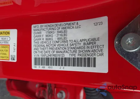 2024 Honda Civic Sport из США, поврежденный, VIN 19XFL2H81RE016123